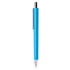 A blue plastic pen with a silver clip and a shiny tip. Features a logo on the barrel.