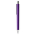 A purple plastic pen with a silver clip and tip. It has a sleek, modern design and features a branding logo.