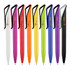 A collection of plastic pens in various colours, including white, purple, red, orange, yellow, green, and black, with branding.