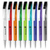 A collection of plastic pens in various colours: white, red, orange, green, blue, and purple, with a metallic clip and branding.