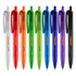 A collection of plastic pens in white, orange, green, blue, purple, and black, featuring a logo on each pen.
