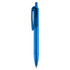 A blue plastic pen featuring a clip and a transparent section. The pen has a smooth finish and a modern design.