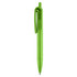 A plastic pen in vibrant green, featuring a clip and a transparent section. It has a simple design and a logo.
