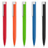 A set of plastic pens in red, orange, green, blue, and black, each featuring a clip and a branding logo.