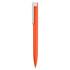 An orange plastic pen with a white clip and a sleek, modern design. It features a logo on the barrel.