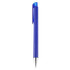 A blue plastic pen with a silver tip and clip, featuring a logo on its surface.
