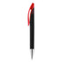 A plastic pen with a black body and red accents, featuring a silver tip and a clip for attachment.