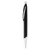 A black plastic pen with a silver tip and a sleek design. It includes a clip and has branding on the side.