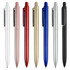 A selection of plastic pens in white, rose gold, red, gold, blue, silver, and black, each featuring a clip and logo.