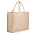 A natural jute bag with a sturdy design and two handles, in a light beige colour. It features a logo.