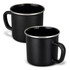 A matte black enamel mug with a silver rim and a sturdy handle, presented in a pair.