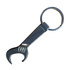 A drink bottle opener key ring shaped like a spanner, featuring a shiny silver finish. It includes a metal key ring.