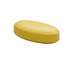 A yellow, oval-shaped stress pill toy with a smooth surface, featuring a logo on one side.