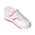 A white stress relief shoe with red accents, featuring detailed laces and a textured sole.