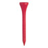 A red golf tee with a tapered design, featuring a small flat top and a pointed end.