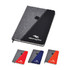 A notebook featuring a black and grey cover with a contrasting red, blue, and grey option. Displays a logo on the front.