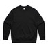 A black sweater featuring a classic crew neck design, with ribbed cuffs and hem, and a small logo.