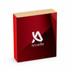 A square red packaging box with a shiny finish and a logo on the front.