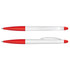 A stylus pen with a white barrel and red accents, featuring a sleek design and a branding logo.