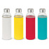 A drink bottle collection featuring four bottles with neoprene sleeves in white, yellow, red, and turquoise, each with a silver lid.