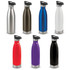 A drink bottle collection featuring stainless steel, black, white, red, purple, navy blue, and brown colours with push-button lids.