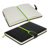 A black notebook with a textured cover, featuring a green elastic closure and an inner bookmark. The pages are lined.