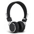 Black Bluetooth headphones with a silver trim and a padded headband, featuring a logo on the ear cups.