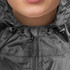 A black women's windbreaker featuring a hood with adjustable drawstrings and a front zipper.