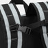 A close-up of a black cooler toting backpack featuring grey stripes and adjustable straps with a plastic buckle.