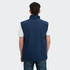 A navy men's vest with a high collar, featuring a logo, viewed from the back on a mannequin.