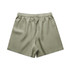 A pair of light olive linen shorts with an elastic waistband, featuring a simple design and no visible branding.