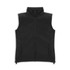 A black vest with a collar, front zip, and side pockets. Features a logo on the chest area.
