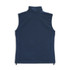 A women's vest in navy blue with a high collar and no sleeves, featuring a simple design. It has a branding logo.
