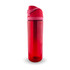 A drink bottle with a transparent red body and a pink lid, featuring a logo on the side.