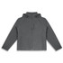 A soft shell jacket in grey, featuring a hood and zippered pockets, with a branding logo.