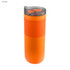 A drink bottle in bright orange with a textured grip and a clear lid featuring a sliding closure.