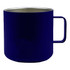 A reusable coffee cup in navy blue stainless steel with a handle and a sleek, modern design.