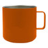 An orange stainless steel coffee cup with a handle, featuring a sleek design and a metal interior.
