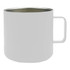 A stainless steel coffee cup in white with a sleek design and a handle, featuring a logo.