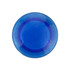 A round, blue plastic button magnet with a slightly darker blue ring around the edge. It features a logo.