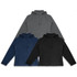 Three soft shell jackets in navy, grey, and black, featuring hoods and zip closures, with branding on the jackets.