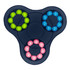 A fidget spinner with a dark blue body and circular sections of green, blue, and pink beads.