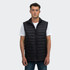 A unisex black puffer vest with a zip front and hood, worn over a white T-shirt.