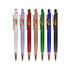 A collection of eight metal pens in various colours, featuring a logo on each pen's barrel.