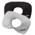 A black and white inflatable neck pillow with a circular attachment and a logo.
