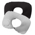A black and grey inflatable neck pillow with a rounded design and a valve for inflation. Features a logo.
