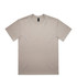 A short-sleeved beige t-shirt featuring a simple design and a branding logo on the neckline.