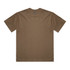 A brown T-shirt with short sleeves and a round neckline, featuring a brand logo on the tag.