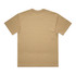 A plain khaki T-shirt with short sleeves and a round neckline, featuring a logo on the back.