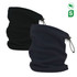 A set of two neck warmers in black and navy, featuring a drawstring for adjustment. Both items have a logo.